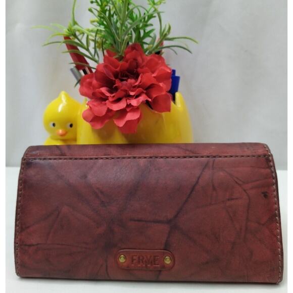 Frye Brown Leather Logo Credit Card ID Window Trifold Long Wallet - Picture 2 of 12